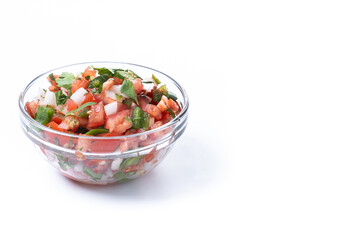 Traditional Mexican Pico de Gallo sauce isolated on white background. Copy space