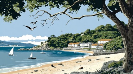 Serene Coastal Village Scene with Sailboats and Lush Greenery Under a Sunny Sky