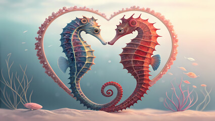 Obraz premium This image presents a whimsical and romantic underwater scene featuring two seahorses forming a heart shape with their bodies.