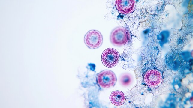 A close-up of a microscope slide showing bacteria, set against a bright, white background