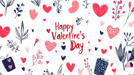 A happy Valentine's Day greeting card with hand-drawn text Happy Valentine's Day and hearts on a white background, a flat-lay banner for a love concept design.