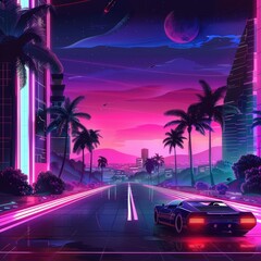 A vibrant retro-futuristic cityscape featuring a sleek car under neon lights.
