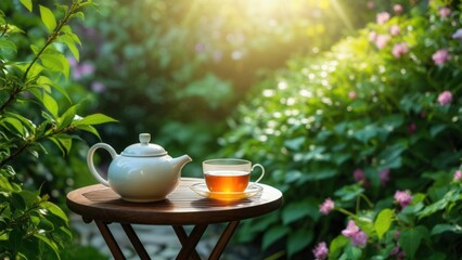 Relaxing tea time in a serene garden during sunset hours
