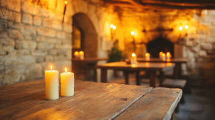 Rustic candlelit medieval tavern with wooden tables and stone walls creating a warm, cozy atmosphere