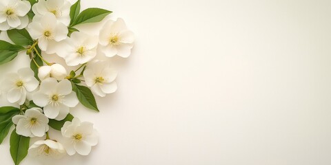 Fototapeta premium A soft arrangement of white blooming flowers with green leaves placed on the left side of a light cream background, highlighting elegance and purity