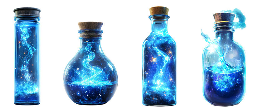 Blue potion bottles glowing with mystical light swirling energy on transparent background