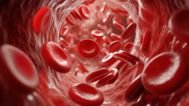 Blood cells flowing through a vein showcasing human circulatory system dynamics