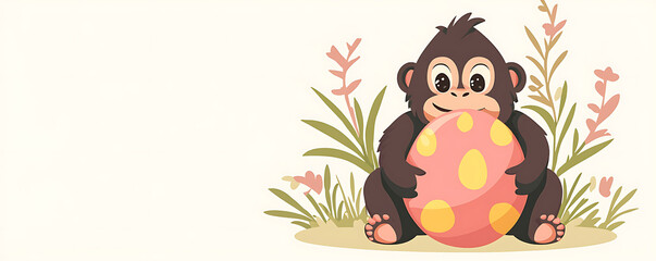 Naklejka premium Adorable baby ape cradles a large, speckled Easter egg amidst spring flora.
