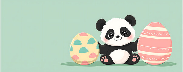 Adorable panda with pastel Easter eggs.