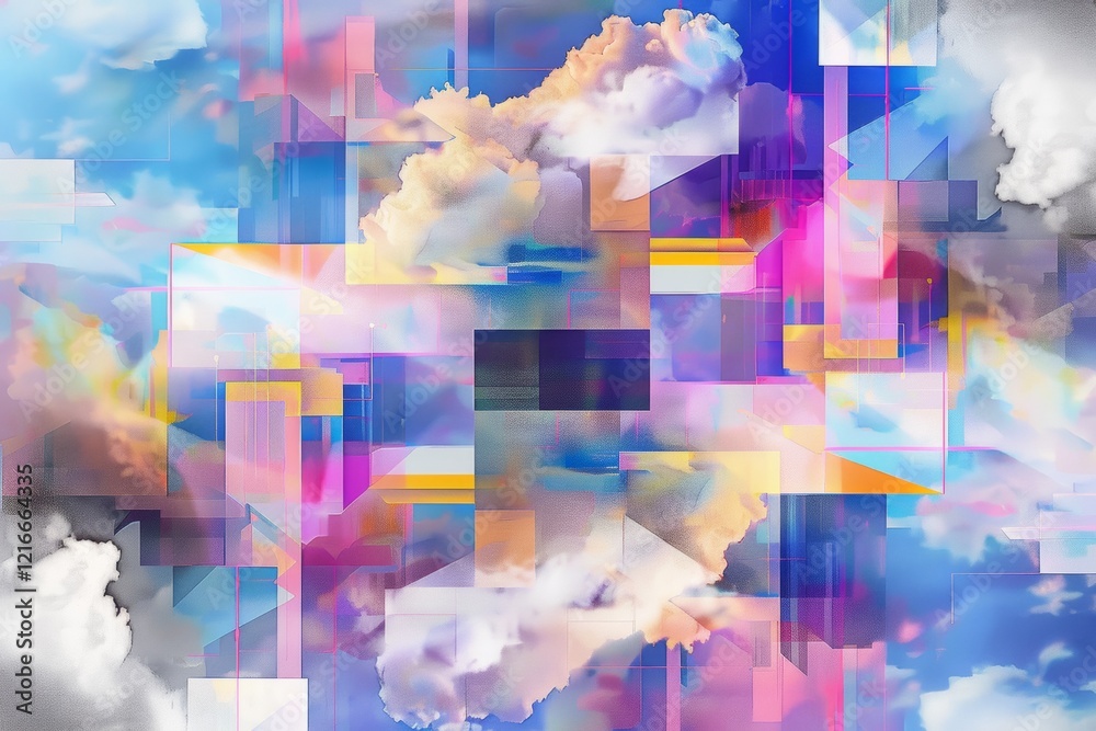 Poster abstract representation of cloud computing with a glowing cloud symbol composed of data and surround