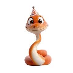 Fototapeta premium Toy snake wearing a colorful birthday hat on a plain background for festive decoration or celebration.