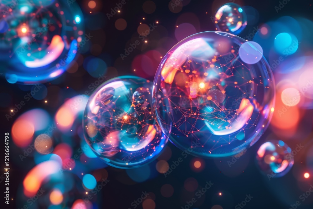 Poster abstract thought bubbles containing cybersecurity concepts, big data visualisation. abstract digital