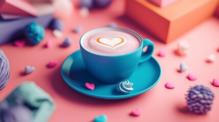 valentine decorations, hearts in classic style: Chic Valentine coffee shop, heart-patterned latte art and decor, cozy atmosphere.