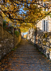 The narrow stone streets of mountain village Mikro Papigko in Mountains Epirus in Greece
