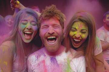 Happy friends covered in colorful powder at Holi festival celebration