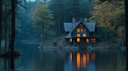Fototapeta premium Secluded Lakeside Cottage in Autumnal Forest at Dusk, Glowing Windows, Tranquil Scene