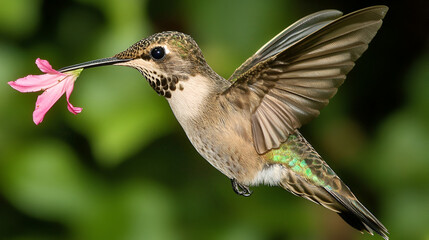 Fototapeta premium A beautiful and the colorful hummingbird with the pink flower on the beautiful background 