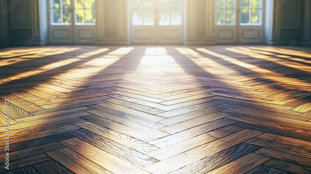 Wall mural Sunlit Herringbone Wood Floor: Elegant Interior Design