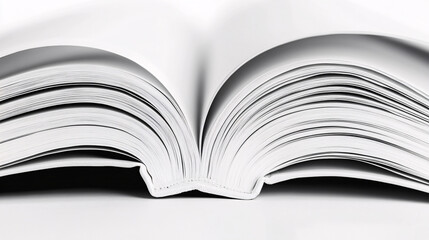 A black and white close-up of an open book showing thick pages curving outward in a symmetrical abstract view  
