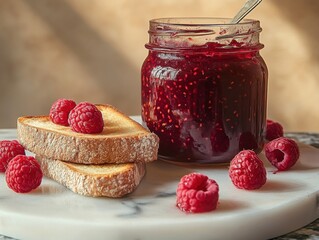 Raspberry jam on toasted bread with fresh berries in a cozy kitchen setting