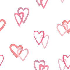 Watercolor seamless pattern with valentine pink contour hearts. Isolated on white background. Hand drawn clipart. Perfect for card, fabric, tags, invitation, printing, wrapping.