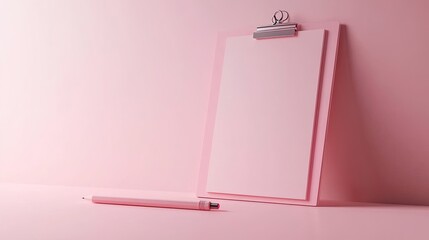 3D clipboard and pencil on pink background, notepad icon. 