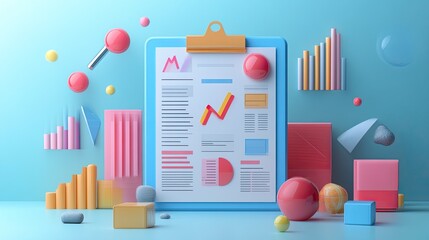 3D clipboard checklist displaying personal data and business financials.