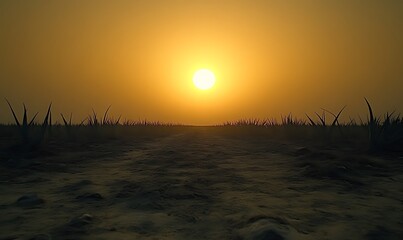 Fototapeta premium Sunset Landscape: Golden Hour Path Across Silhouetted Grass