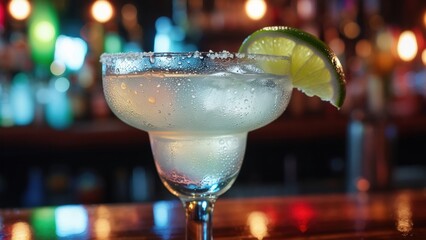 Refreshing margarita ready to enjoy at a vibrant bar setting in the evening