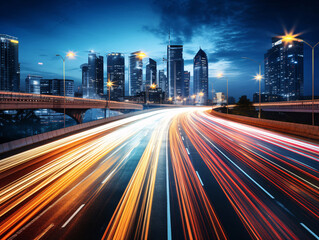 Modern means of transport of the future. Night life smart futuristic city big data technology concept with modern transport infrastructure.