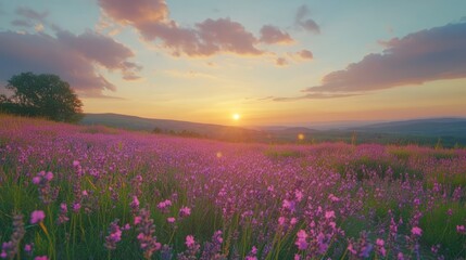 Fototapeta premium Sunset Meadow Flowers Landscape
