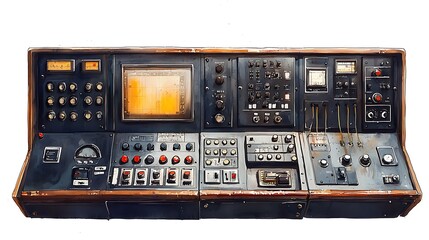 Vintage Industrial Control Panel with Retro Buttons, Dials, and Screen.