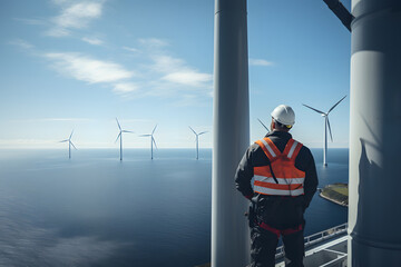 Worker on top of an offshore wind turbine looking at the ocean.