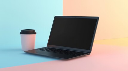 Laptop and coffee on pastel background, work from home