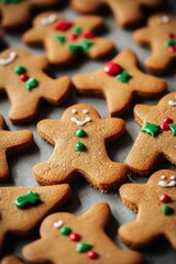 Festive gingerbread cookies decorated with icing and sprinkles on a baking tray ready for the holiday season