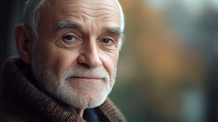 Older man with gray beard looking thoughtfully at the camera in a cozy indoor setting during autumn