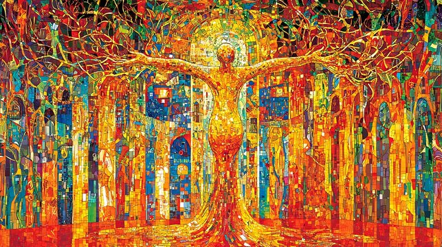 Human-tree figure, arms outstretched, vibrant city background; spiritual art, meditation, hope