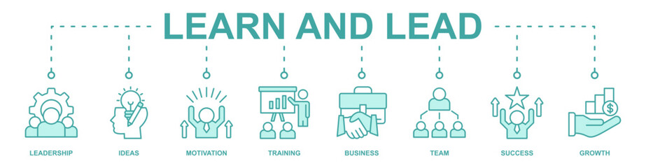 learn and lead banner web icon vector illustration concept with icon of leadership, ideas, motivation, training, business, team, growth, success