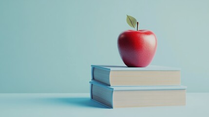 Red apple on books, light blue background; education concept