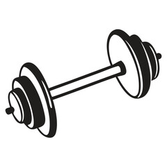 A black dumbbell with a silver handle.  A long bar with weighted plates on either end is used in weightlifting and strength training exercises.