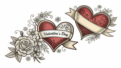 This image presents a decorative illustration of two stylized hearts, each with ornate designs and accompanied by floral elements and banners. 
