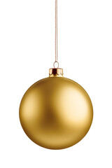 Realistic gold matte christmas ball with ribbon isolated on a transparent background, PNG. High resolution.
