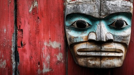 Native American wooden art totem. Traditional Indigenous Indian banner design.