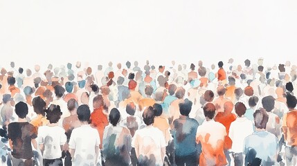 A large crowd of people, depicted in a watercolor style, with a white background