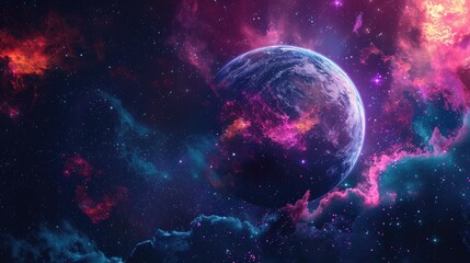 Obraz premium A vibrant cosmic scene featuring a planet surrounded by colorful nebulae and stars.