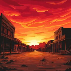 Western Town Sunset Scenic Desert Landscape