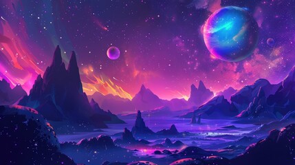 Fototapeta premium A vibrant cosmic landscape featuring mountains, planets, and a colorful sky.