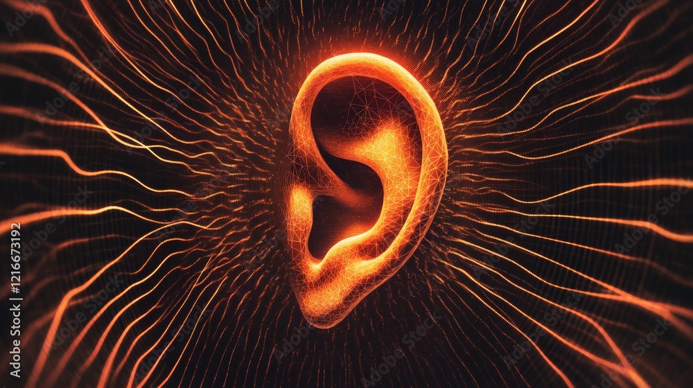 Poster flowing sound waves converge towards a polygonal, stylized human ear, illustrating the intricate pro