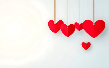 Hanging red heart shapes of paper against soft neutral background. Celebrate love card. Happy Valentine&rsquo;s Day greeting card, header website and social media post.