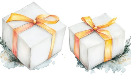 Two beautifully wrapped gift boxes with orange ribbons, nestled in snow, evoking a festive holiday spirit